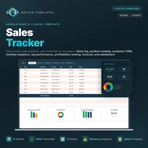 Könnte beinhalten: Eine digitale Sales Tracker Vorlage für Google Sheets und Excel. Das dunkelblaue Design zeigt ein Verkaufsprotokoll, einen Produktkatalog und ein Kunden-CRM. Es beinhaltet monatliche Analysen, Repräsentantenleistung und Umsatzanalyse.