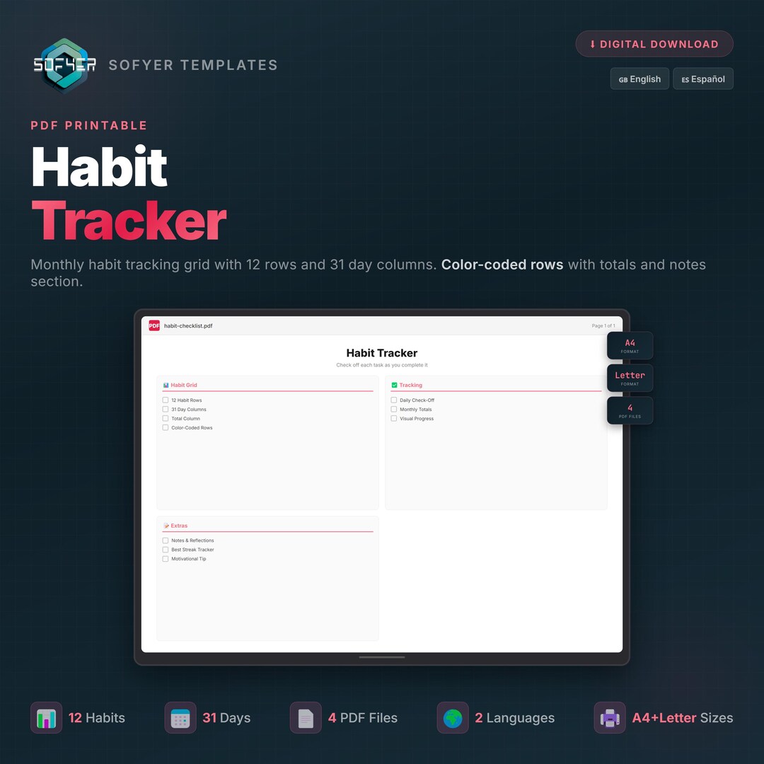 Habit Tracker Printable: 30-day Monthly Habit Building Chart & Progress ...