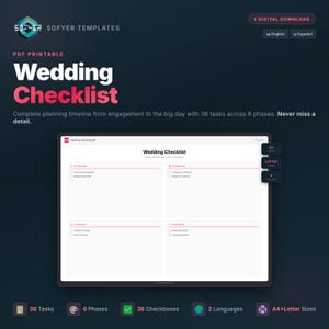 May include: Digital download wedding checklist template. The template includes 36 tasks across 6 phases. The checklist is available in A4 and Letter sizes. The text on the image says "Wedding Checklist".