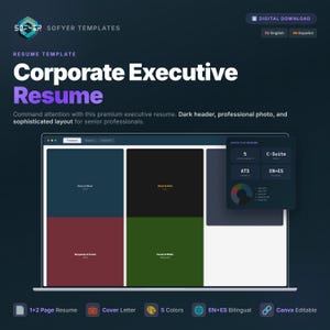May include: A digital graphic for a resume template, displaying the text "Corporate Executive Resume". The design showcases a resume layout with colour options. Icons indicate features such as a cover letter and bilingual support, with a digital download option.