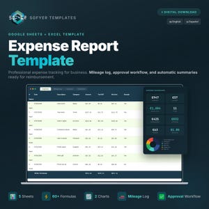 Op de afbeelding: Een digitale onkostennota-sjabloon weergegeven op een laptopscherm. De sjabloon bevat een dashboard met financiële overzichten en grafieken. De tekst "Expense Report Template" en "Digital Download" is ook zichtbaar.