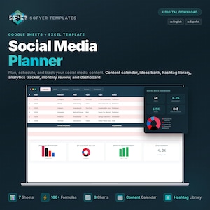 May include: A digital template for a social media planner, featuring a content calendar, analytics tracker, and hashtag library. The design uses a dark teal background with white and teal text, and charts to display data.