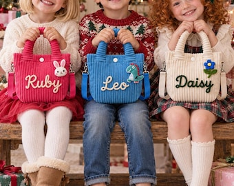 Custom Embroidered Corduroy Kid Handbag, Christmas Crossbody Purse, Personalized Name Toddler Tote Bag, Sibling Holiday Photo Prop