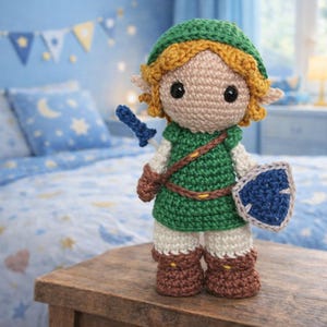 May include: A handmade crochet doll of a character from a video game, wearing a green tunic, hat, and brown boots. The doll has a blue shield and sword. The doll is standing on a wooden surface in front of a blue bedroom.
