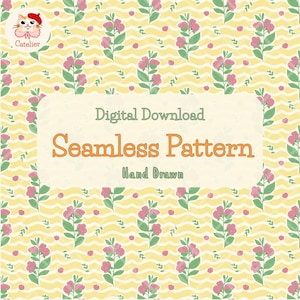 Peut inclure: Motif sans couture avec des fleurs roses et des feuilles vertes sur un fond ondulé jaune et blanc. Les mots "Digital Download" et "Seamless Pattern" sont affichés. Les mots "Hand Drawn" sont également affichés.