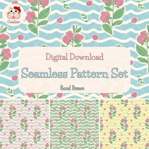 Peut inclure: Téléchargement numérique d'un ensemble de motifs sans couture. Le motif présente des fleurs roses et des feuilles vertes sur un fond ondulé bleu clair. Les mots "Téléchargement numérique" et "Ensemble de motifs sans couture" sont affichés.