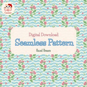 Peut inclure: Un motif sans couture à télécharger numériquement avec un fond ondulé bleu clair et des éléments floraux roses. Le texte "Digital Download Seamless Pattern Hand Drawn" est affiché dans un rectangle crème. Un chat de dessin animé portant un béret est dans le coin supérieur gauche.