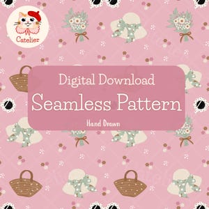 Peut inclure: Un motif numérique sans couture avec un fond rose, présentant des illustrations dessinées à la main de chapeaux de paille avec des rubans, des bouquets, des lunettes de soleil et des sacs à main. Le texte "Digital Download Seamless Pattern Hand Drawn" est sur un rectangle rose.