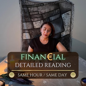 May include: An image featuring a woman seated at a table with tarot cards. The image has text that reads "FINANCIAL DETAILED READING SAME HOUR / SAME DAY". The background includes a decorative wall hanging and a lit candle.