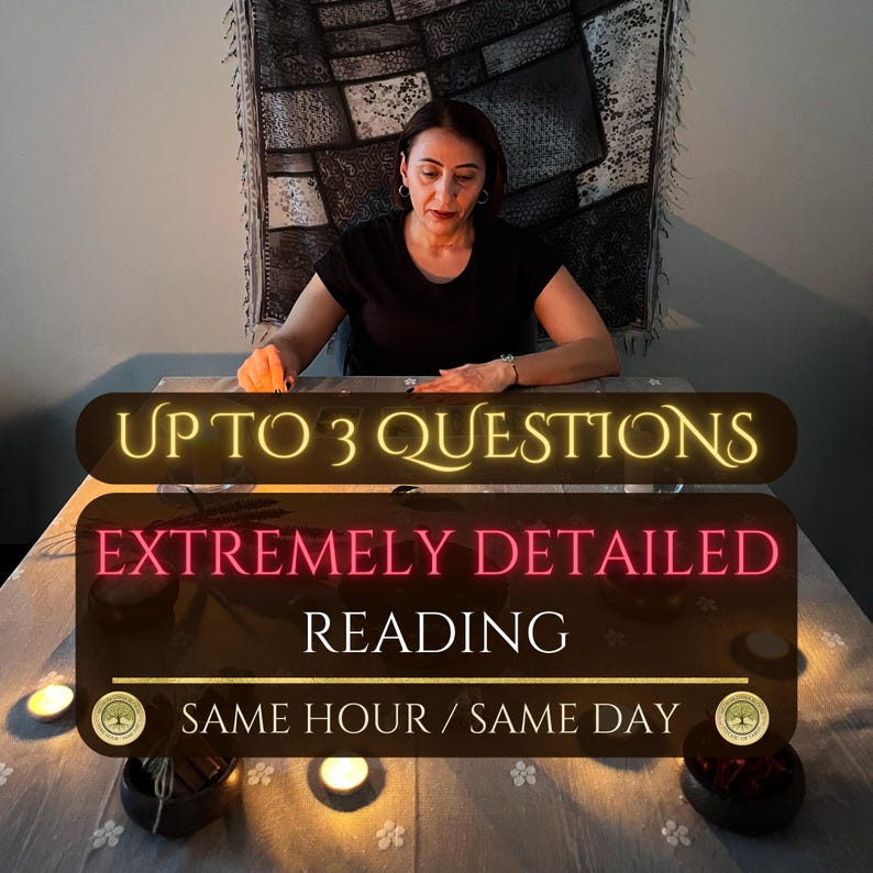 May include: A woman sits at a table with candles, with text that reads "Up to 3 Questions", "Extremely Detailed Reading", and "Same Hour / Same Day". The image has a warm, inviting atmosphere, suggesting a service related to divination or spiritual guidance.