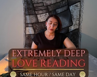 May include: A woman sits at a table with tarot cards, with the text "EXTREMELY DEEP LOVE READING" in a brown banner. The banner also includes "SAME HOUR / SAME DAY". The background features a decorative wall hanging.