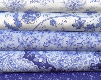 Summer Breeze II Blue and White by Sentimental Studios for Moda 5 Fat Quarters 100 Percent Cotton Quilting Fabric