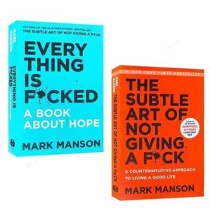 May include: Two books by Mark Manson. One has a turquoise cover with the title "EVERYTHING IS F*CKED" and the subtitle "A BOOK ABOUT HOPE." The other has an orange cover with the title "THE SUBTLE ART OF NOT GIVING A F*CK."