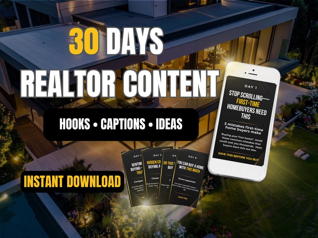 Realtor Content 30-days Realtor Content Pack | Social Media Hooks, Captions (digital ...