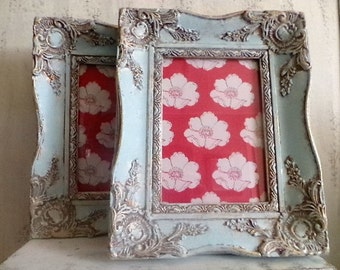 Handmade Wooden Shabby Chalky Powder BLUE - Gold Accented - Ornate ROMANTIC FRAMES - Farmhouse - Beach House - Heirloom - Cottage Style