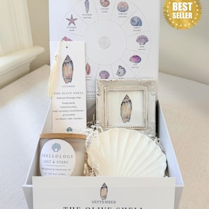May include: A gift box set titled A GIFT CHOOSEN BY BIRTH MONTH featuring a Shellology chart, a bookmark with an olive shell illustration, a small framed olive shell print, a Salt & Stars soy wax candle, and a white ceramic scallop shell dish.
