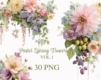 Puede incluir: Ilustración en acuarela de arreglos florales en colores pastel, con flores rosas, moradas y amarillas. La imagen incluye el texto "Pastel Spring Flowers VOL.1" y "30 PNG". Las flores están dispuestas en ramos y racimos, con follaje verde.