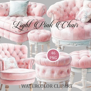 Puede incluir: Una colección de sillones y otomanas redondas capitoné de color rosa claro con patas de madera ornamentadas. Los muebles presentan detalles de botones y cojines decorativos. El texto dice Light Pink Chair y 46 PNG WATERCOLOR CLIPART.