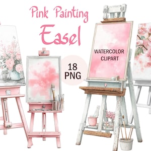 May include: Watercolor clipart featuring pink easels with paintings of flowers and abstract art. The easels are in shades of pink and white, with the text "Pink Painting Easel" and "Watercolor Clipart". Includes 18 PNG files.