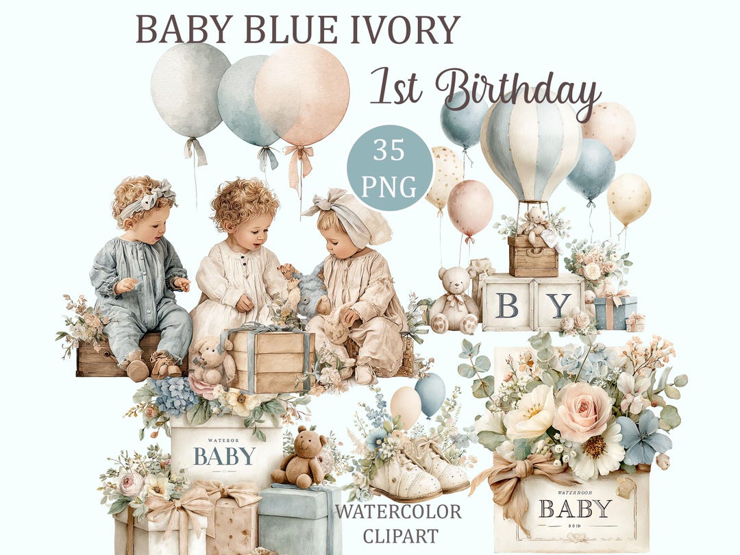 Baby Blue Ivory Watercolor Clipart, 1st Birthday Teddy Bear PNG ...