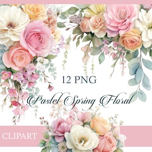 Puede incluir: Ilustración digital de arreglos florales en colores pastel. La imagen presenta ramos de rosas, hortensias y otras flores en tonos rosa, melocotón, amarillo y blanco. El texto incluye "12 PNG", "Pastel Spring Floral" y "Clipart".
