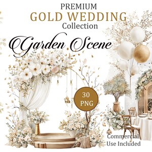 Può includere: Illustrazione digitale di una "Premium Gold Wedding Collection" con tema "Garden Scene". L'immagine presenta composizioni floreali, un palco, palloncini e una tavola, il tutto in morbidi toni oro e bianco. Include il testo "Commercial Use Included".
