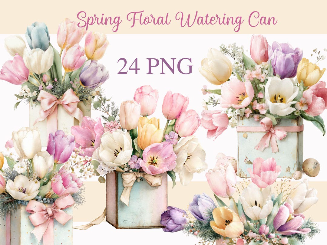 Spring Floral Watercolor Clipart Bundle, Pastel Tulip PNG, Shabby Chic ...
