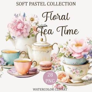 Puede incluir: Ilustración en acuarela que presenta un juego de té con arreglos florales. La imagen incluye tazas de té, platillos, teteras y macarons. El texto dice "Soft Pastel Collection" y "Floral Tea Time". La paleta de colores es suave con rosas, azules y cremas.