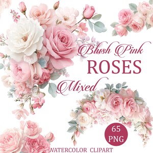 Puede incluir: Clipart de acuarela con rosas de color rosa rubor en varios arreglos. La imagen incluye rosas blancas, rosa claro y rosa oscuro con hojas verdes y verde azulado. El texto de la imagen dice "Blush Pink Roses Mixed" y "65 PNG".