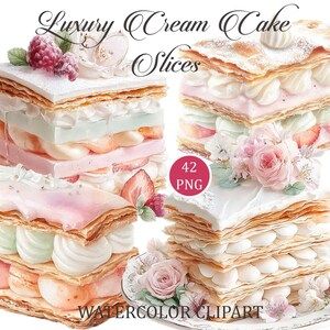 Könnte beinhalten: Eine Sammlung von Aquarellillustrationen mit geschichteten Cremekuchenschnitten aus Blätterteig, Schlagsahne, frischen Himbeeren, Erdbeeren und rosa Rosen. Der Text lautet Luxury Cream Cake Slices, 42 PNG und WATERCOLOR CLIPART.