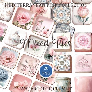 Könnte beinhalten: Eine Sammlung von 20 quadratischen Kacheln mit Aquarellillustrationen von rosa Blumen, floralen Mustern und dekorativen Motiven. Der Text MEDITERRANEAN PINK COLLECTION, Mixed Tiles, 20 PNG und WATERCOLOR CLIPART ist auf dem Bild zu sehen.