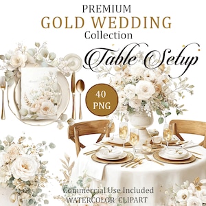 Può includere: Un'impostazione della tavola nuziale con posate, piatti e bicchieri dorati su una tovaglia bianca. L'immagine presenta composizioni floreali e il testo "Table Setup" e "Premium Gold Wedding Collection".