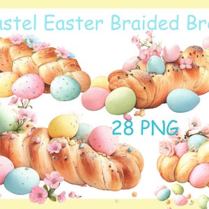 Clipart z pastelowym wielkanocnym chlebem plecionym, ilustracja z akwarelowymi jajkami (28 PNG)