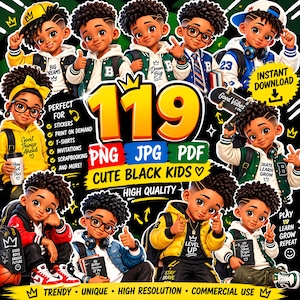 Könnte beinhalten: Eine digitale Sammlung von 119 Illustrationen mit verschiedenen schwarzen Kindern in unterschiedlicher Kleidung, darunter College-Jacken, Kapuzenpullover und Brillen, mit dem Text 119 PNG JPG PDF CUTE BLACK KIDS und HIGH QUALITY.