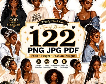 122 Black Girl Faith Clipart Bundle, Melanin Prayer Woman Designs (PNG, JPG, PDF)