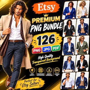 Puede incluir: Un paquete de productos digitales que incluye 126 imágenes de alta calidad de una persona con cabello largo vistiendo varios trajes formales, blazers y camisas de vestir. La colección incluye archivos PNG, JPG y PDF con fondos transparentes.