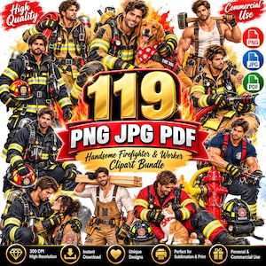 119 Brandmanspaket, Brandman Clipart, Digital nedladdning av räddningsarbetare, PNG JPG PDF