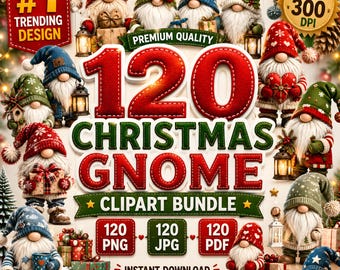120 Scandinavian Gnome Clipart Bundle | Christmas Winter Holiday Designs (PNG, JPG, PDF)