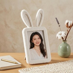 3D Printed Custom Bunny Ears Photo Frame Cute Picture Holder with Stand Fluffy Texture Nursery Decor Unique Desk Frame