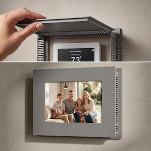 May include: A grey rectangular wall-mounted thermostat cover with a hinged lid. The top view shows the cover being lifted to reveal a digital display reading 73 degrees. The bottom view shows the cover closed, displaying a family photo on the screen.