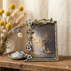 Könnte beinhalten: Verzierter Bilderrahmen mit floralem Design. Der bronzefarbene Rahmen hat weiße und blaue Blumenakzente. Das Bild im Inneren zeigt eine Vase mit Blumen. Der Rahmen steht auf einer Holzoberfläche.