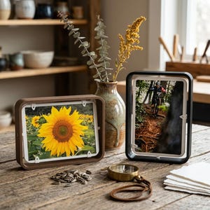 May include: Two rectangular photo frames, one brown and one black, display images of a sunflower and a mountain biker. A vase with dried flowers and a compass with a leather strap sit on a wooden table. Sunflower seeds are scattered nearby.