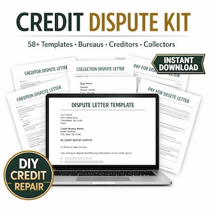 Peut inclure: Un kit de contestation de crédit avec le texte "CREDIT DISPUTE KIT" en haut. L'image montre un ordinateur portable affichant un "DISPUTE LETTER TEMPLATE" entouré de plusieurs modèles de lettres imprimées. Le kit comprend plus de 58 modèles et est destiné aux bureaux, aux créanciers et aux collecteurs.