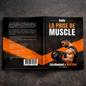 Peut inclure: Couverture de livre noire et orange, intitulée "Guide LA PRISE DE MUSCLE", avec un homme soulevant des poids. La couverture et la quatrième de couverture contiennent du texte en français sur le développement musculaire. Un code-barres est également présent.