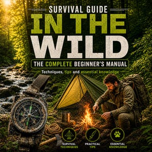 Puede incluir: Una guía de supervivencia titulada "IN THE WILD" con una brújula, una tienda de campaña y una fogata. El texto de la portada dice "THE COMPLETE BEGINNER'S MANUAL" con iconos de técnicas de supervivencia, consejos prácticos y conocimientos esenciales.