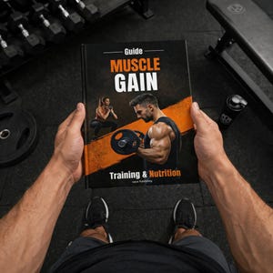 May include: A book titled "Guide Muscle Gain" held open, displaying images of weightlifting and fitness. The cover features a man lifting weights and a woman doing squats. The text "Training & Nutrition" is also visible.