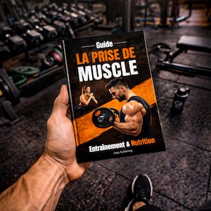 Peut inclure: Un livre intitulé "Guide LA PRISE DE MUSCLE" est tenu dans une main. La couverture présente un homme soulevant des poids et une femme faisant de l'exercice. Le titre du livre est en grandes lettres blanches avec des accents orange. Les mots "Entraînement & Nutrition" sont également visibles.