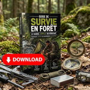 Può includere: Un manuale di sopravvivenza intitolato Guide de Survie en Forêt con l'immagine di una persona in campeggio sulla copertina, accompagnato da una bussola in ottone, un multiuso, una corda verde, un fiammifero in metallo e una lampada frontale.
