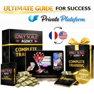 Peut inclure: Image promotionnelle pour une "Private Plateform" avec le texte "ULTIMATE GUIDE FOR SUCCESS". Elle présente un ordinateur portable affichant des icônes de médias sociaux et un téléphone avec une icône de cadenas. Il y a des liasses d'argent, une boîte cadeau et des boîtes étiquetées "ONLY SCALE AGENCY".