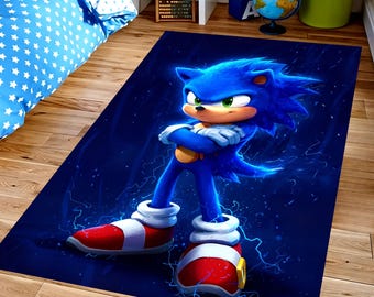 Alfombra infantil Sonic: erizo azul eléctrico, antideslizante y lavable a máquina.